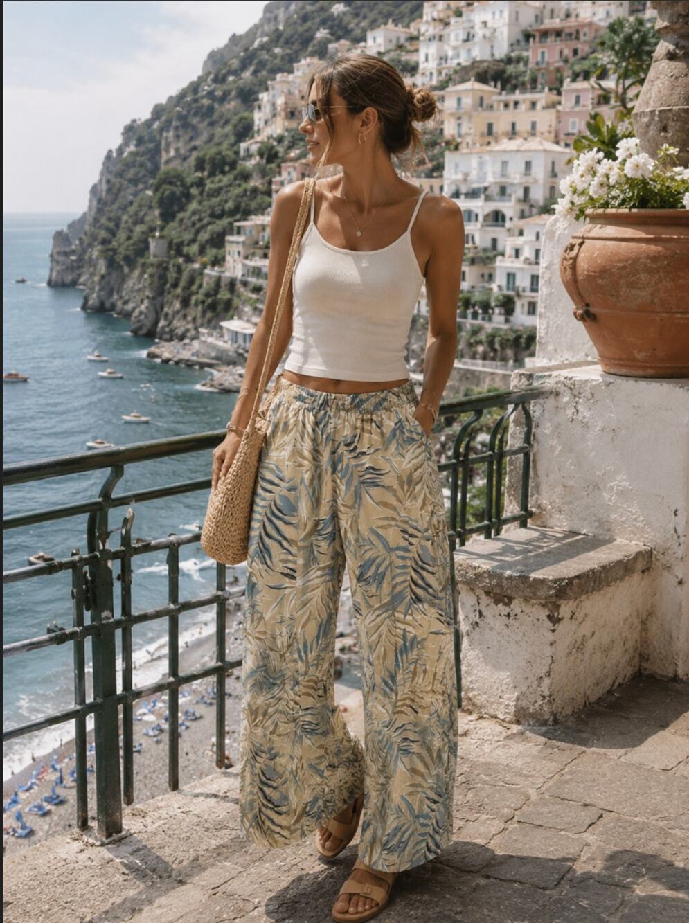 C&C California Tan Leaf Pattern Hawaiian Style Elastic Casual Pants Linen Small